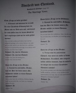 An Amish couple says these vows to each other on their wedding day. Here they appear in German and English.
