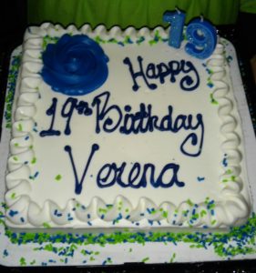 A store-bought birthday cake is a special treat in the Eicher family; this one is for daughter Verena's 19th birthday.
